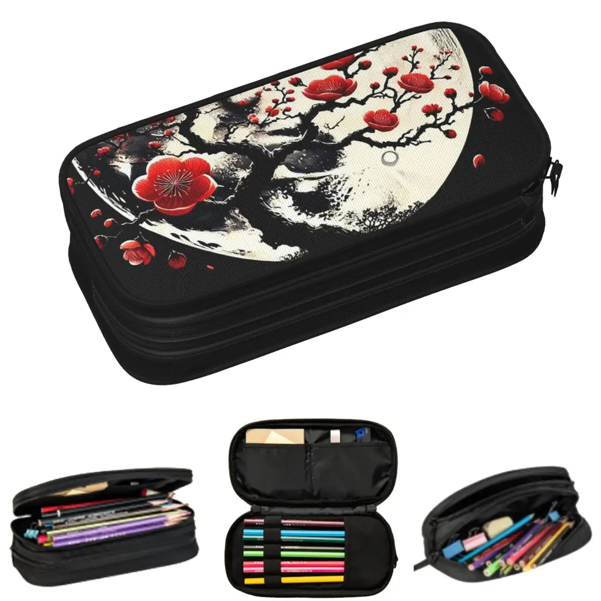 Moonlight And Blossom Sakura Branches Pencil Cases for Students School Pen Box Pencil Bag Large Storage Pencil Pouch