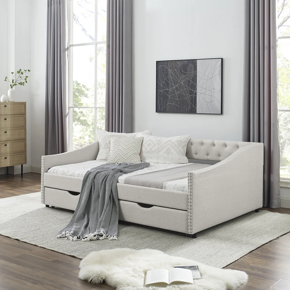 

Daybed with Drawers Upholstered Tufted Button Back, Copper Nail Arms, Beige (80.5''x55.5''x27.5'') (SKU: W1413S00004)