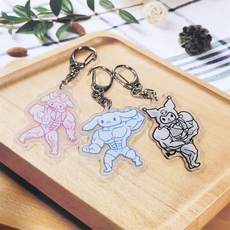 Anime Sanrio Figure Muscle Keychain Meaty Man Melody Kuromi Cinnamon Dog Hello Kitty Fitness Acrylic Bag Pendant Keychain Gifts