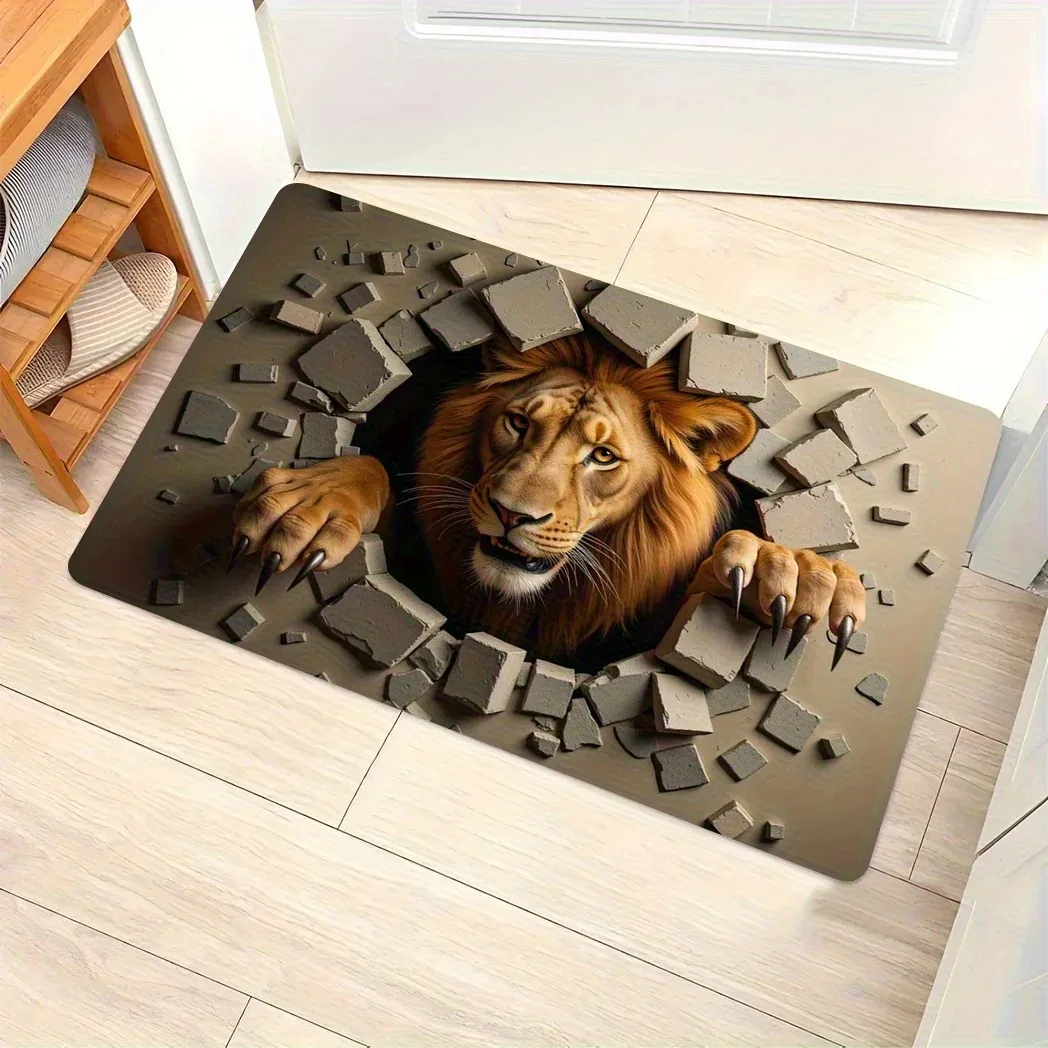 1pc 2D Optical Illusion Lion Doormat Breaking Through The Wall Non-Slip Welcome for Indoor Washable Home Decoration Carpets Ins