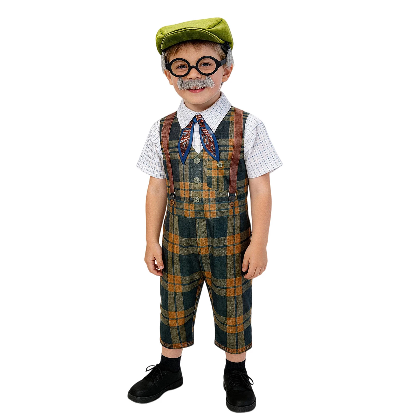 

Boys Cosplay Costume Old Man 4 Pcs Outfit Jumpsuit with Hat Scarft and Beard Glasses Set for Party and Performance