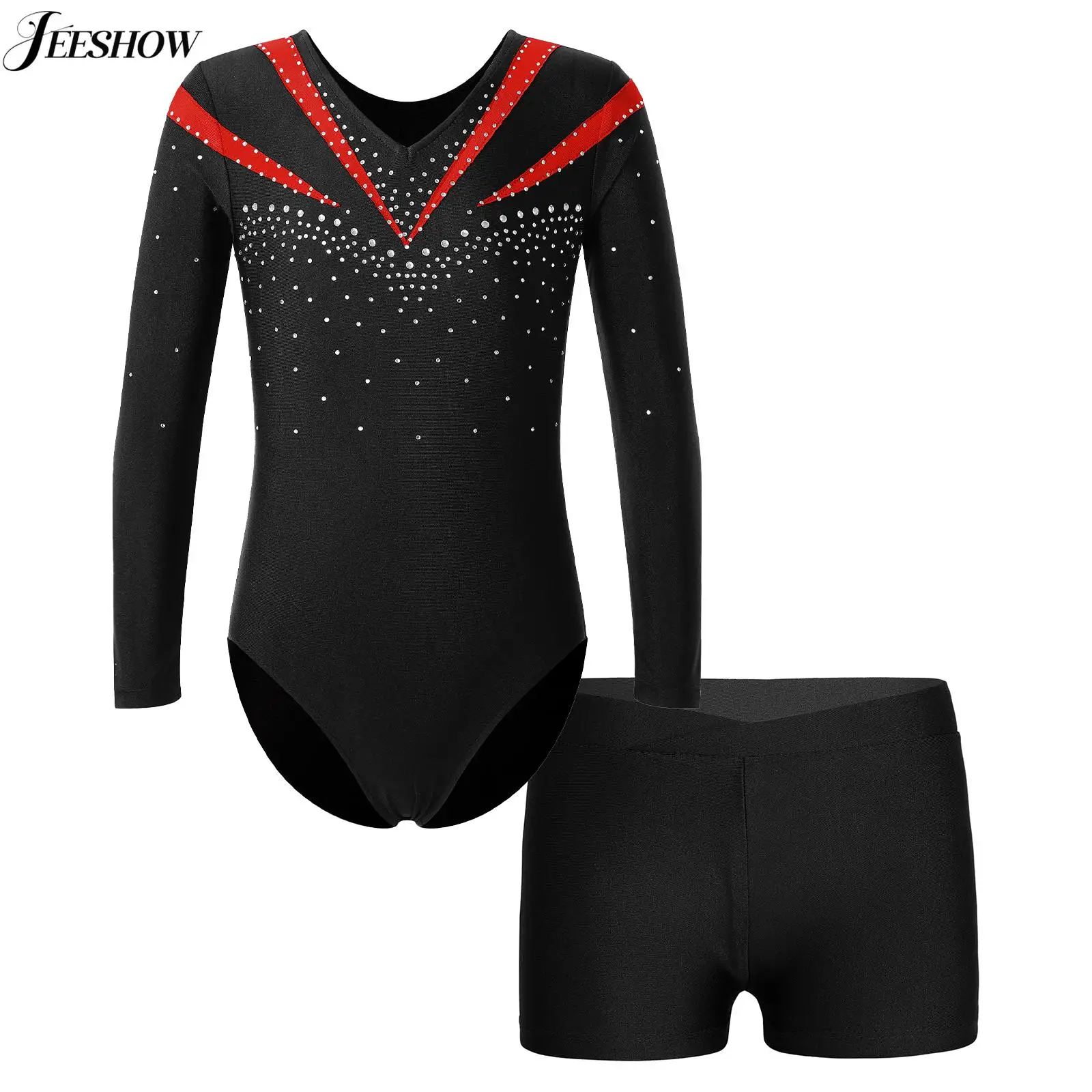 Gymnastics Leotards for Girls Shiny Rhinestone Dance Unitard Biketards with Athletic Shorts Tumbling Outfits Sports Activewear