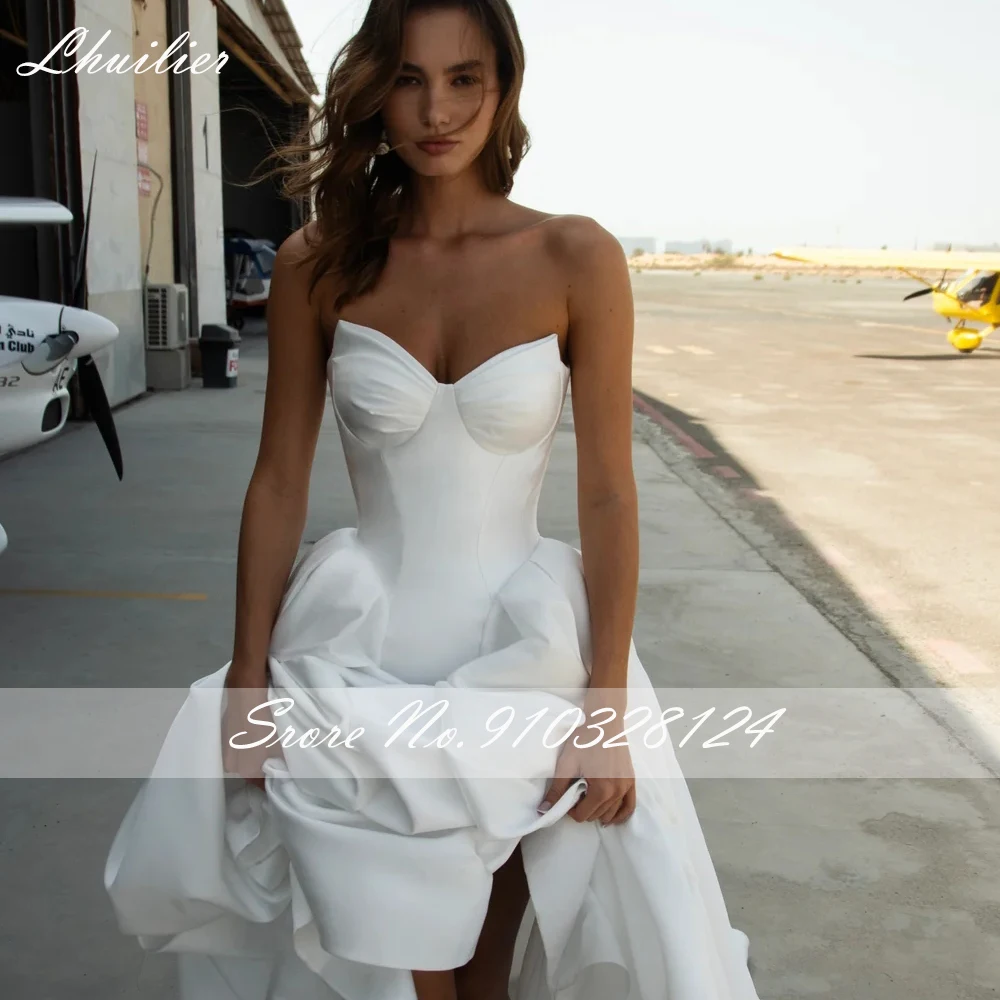 Lhuilier مخصص ألف خط فساتين الزفاف الساتان حمالة فساتين الزفاف بلا أكمام مع قطار مصلى