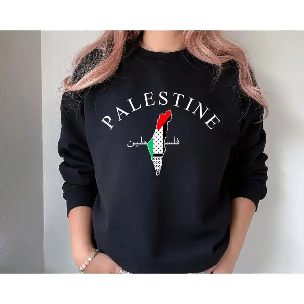 Palestine Map Cotton Sweatshirt Palestine Arabic Name Printed Long Sleeve T-Shirt Adult Pullover Crew Neck Sweatshirt