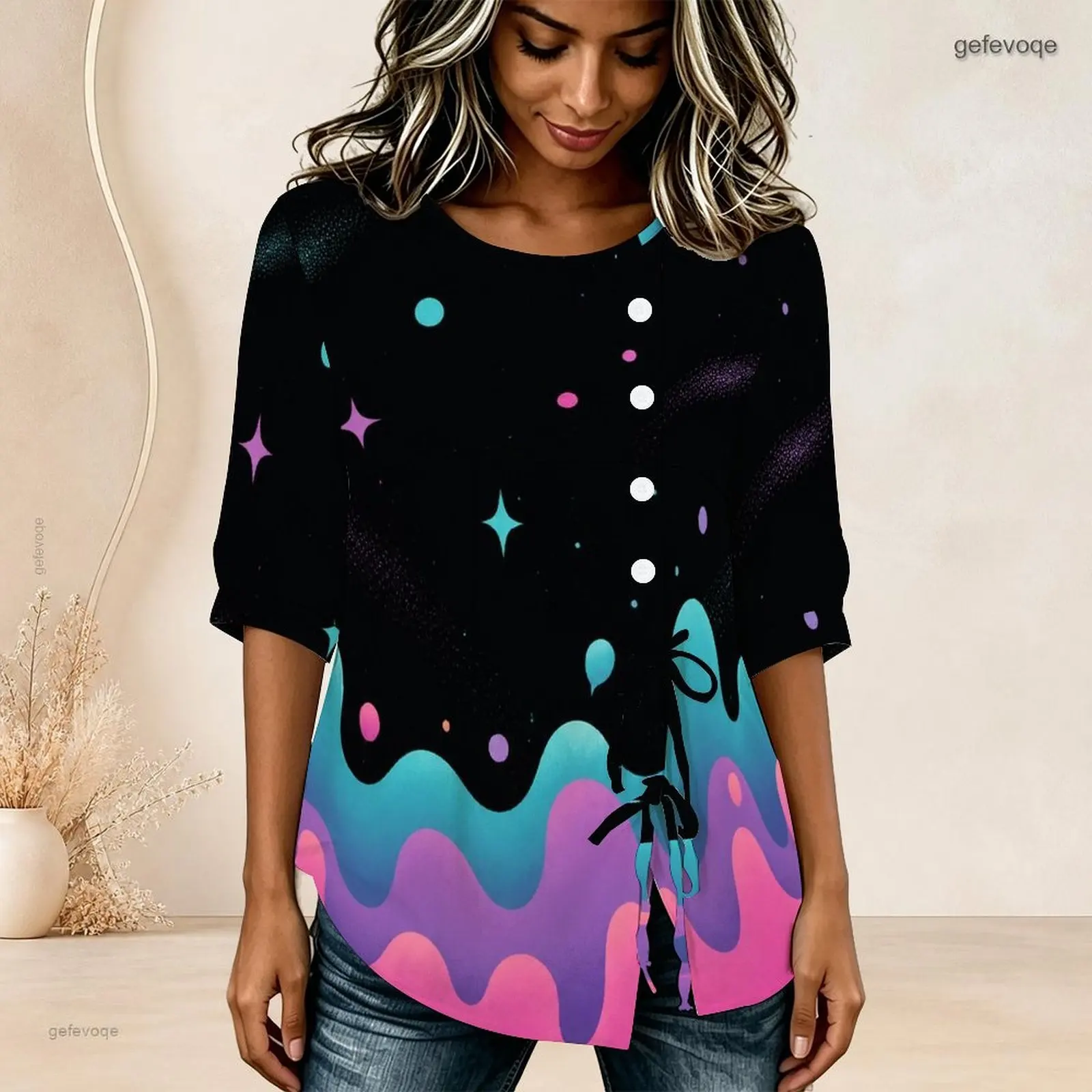 Women Printed Blouse Round Neck Half Sleeve Gathered Front Button Detail Tie Hem