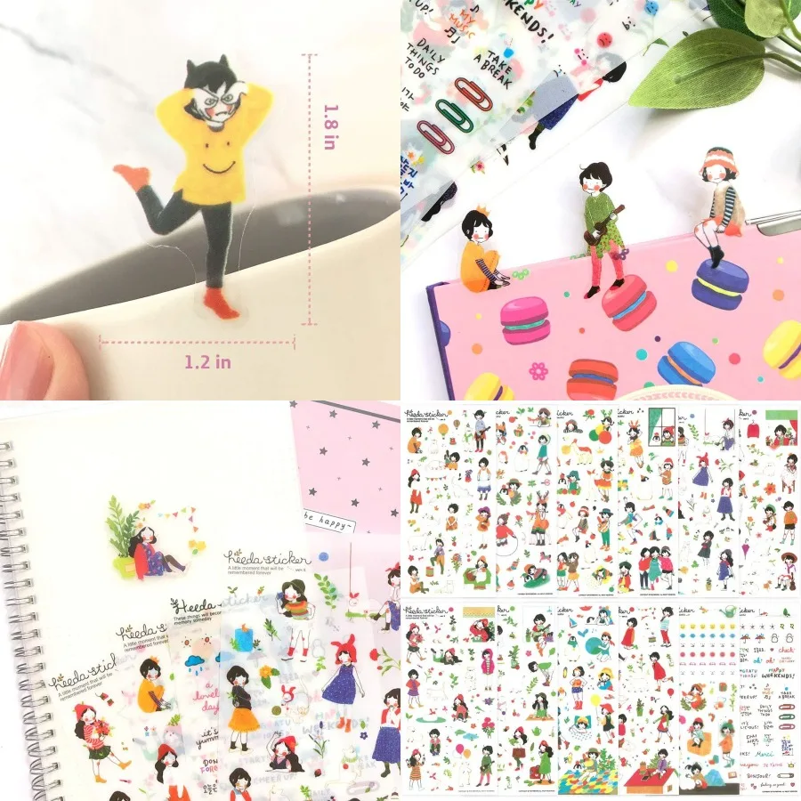 مجموعة ملصقات كورية لطيفة مكونة من 12 ورقة ملصقات مخططة للفتيات كاواي للمجلات وبطاقات مخطط القصاصات DIY للفنون والحرف اليدوية Cr