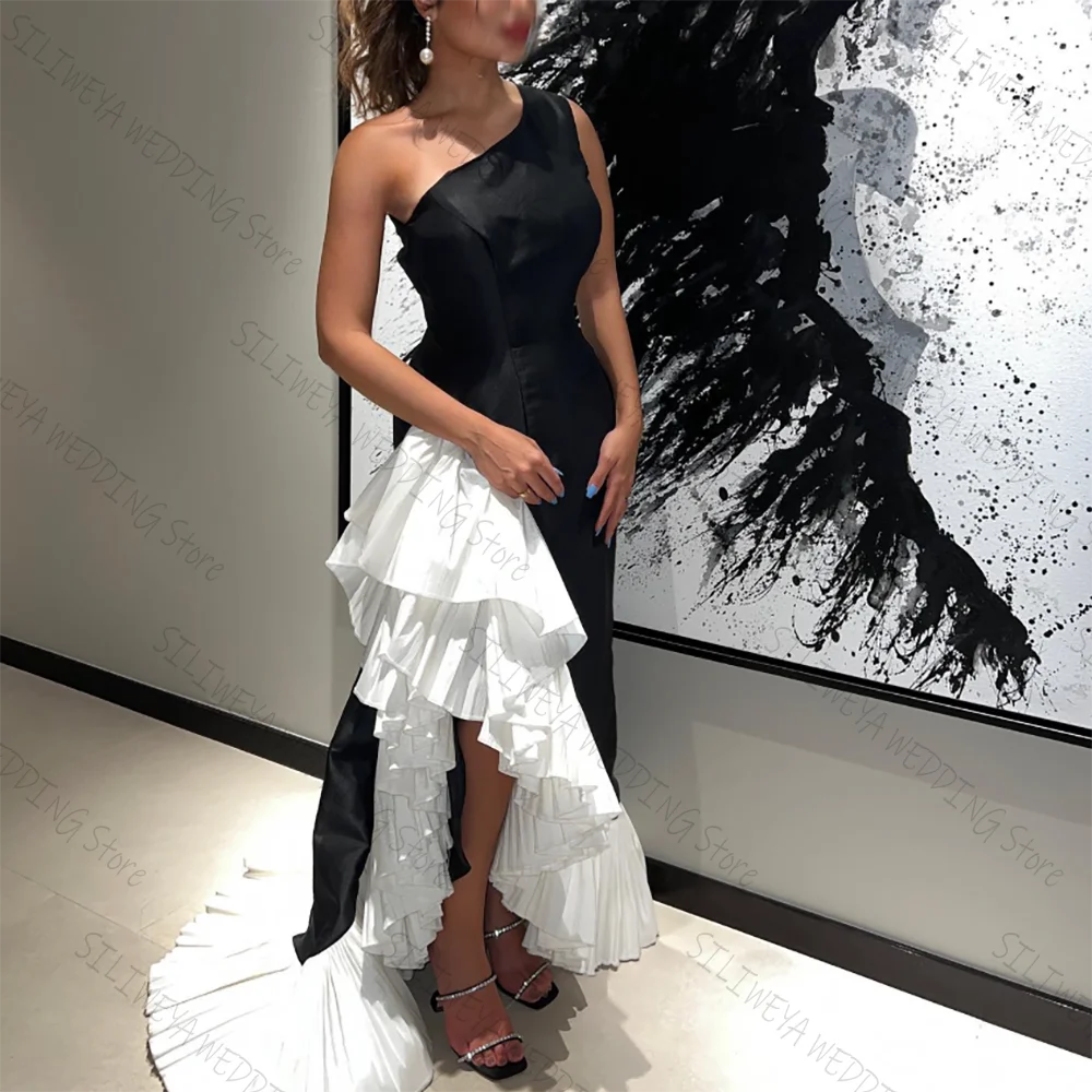 

New Fashion Black And White One Shoulder Chic Prom Dresses Floor Length Female Party Evening Gown
