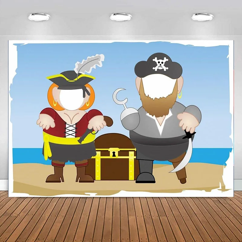 Pirate Backdrop Banner Cartoon Pirate Happy Birthday Party Theme Decorations Face in Hold Game Girls Boys Photography Background