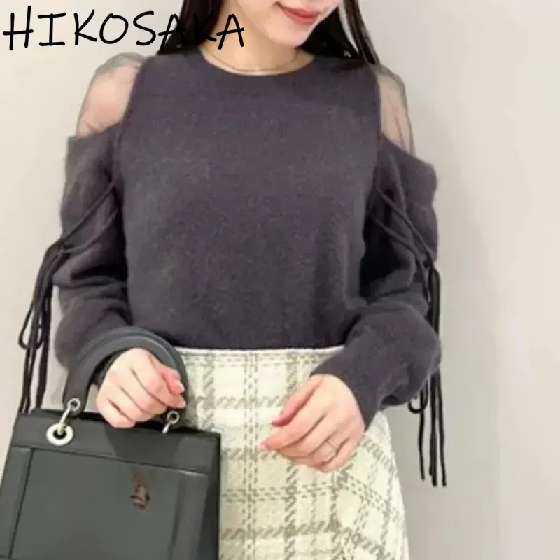 

Off Shoulder Mesh Patchwork Lace Up Pullover Sweaters Office Lady Elegant Solid Knit Top Japanese Soft Loose All-match Jumpers