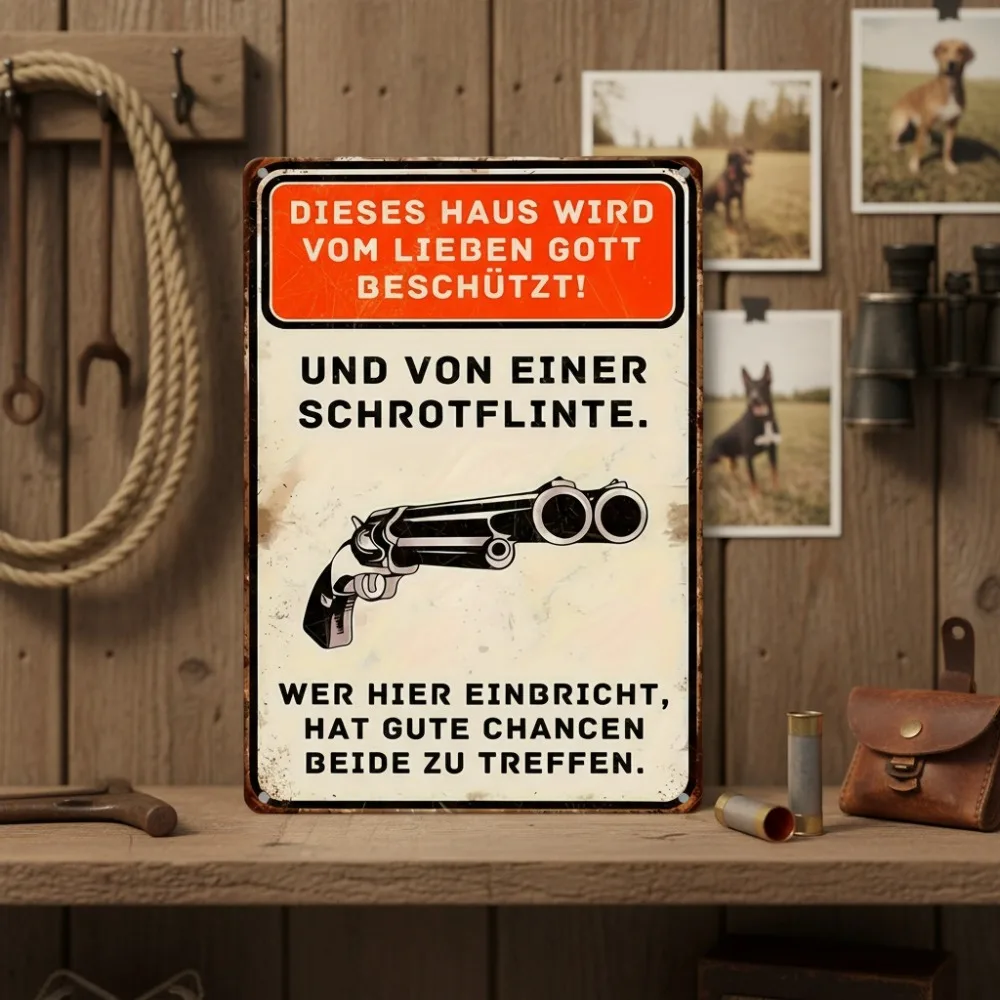 Vintage German Metal Tin Sign,Featuring The Phrase 'This House Is Protected by a Loved God And a Shotgun' ,Retro Wall Art Piece view 6