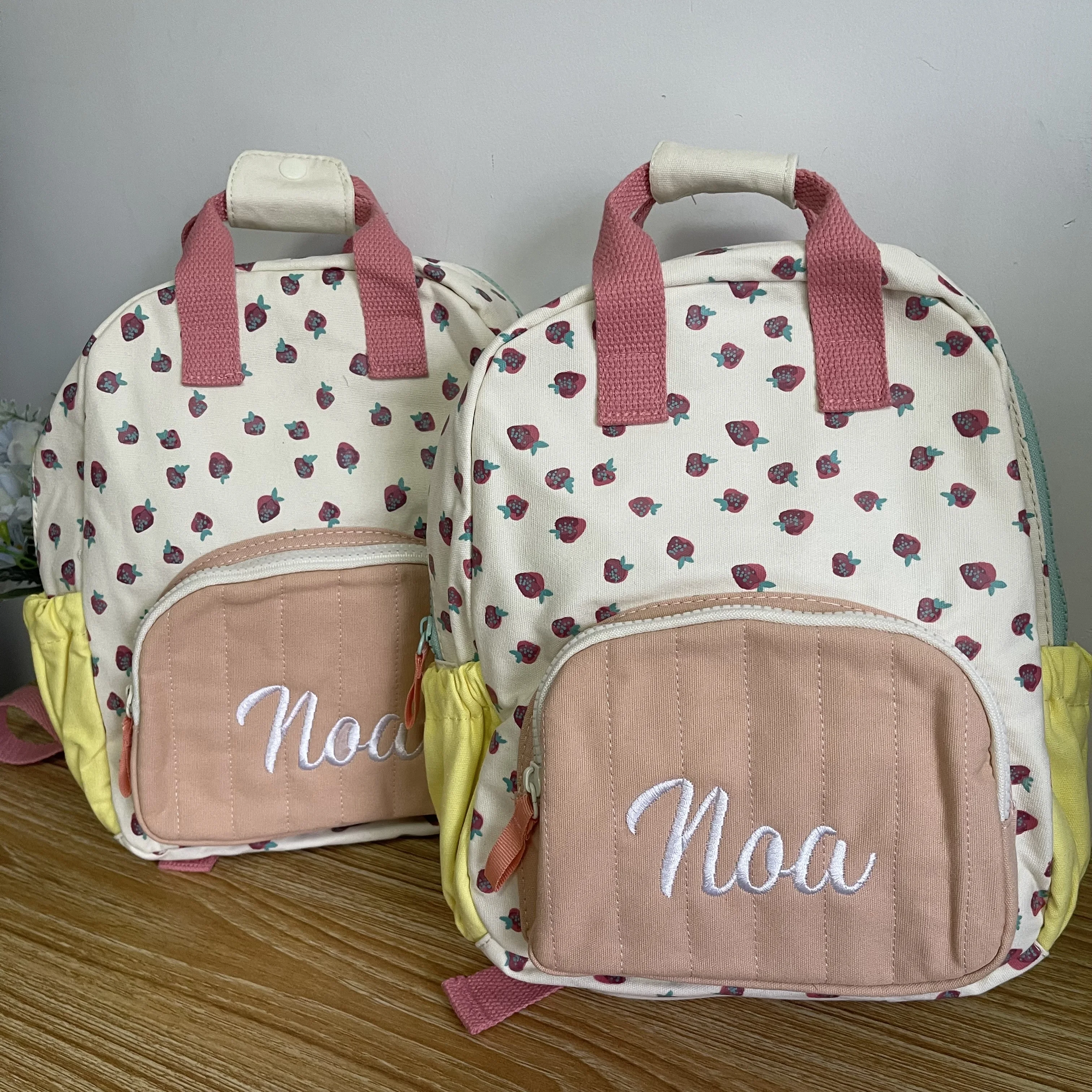 Mochila com nome personalizado para crianças, escola primária personalizada, meninas saída, snackbag, lona de algodão, morango, novo