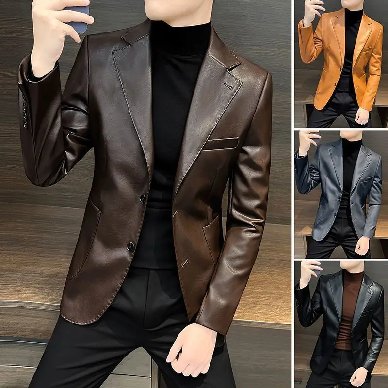Men's Suit Jacket Autumn 2025 New Leather Jacket Single Suit Casual Solid Color Button Versatile Leather Suit