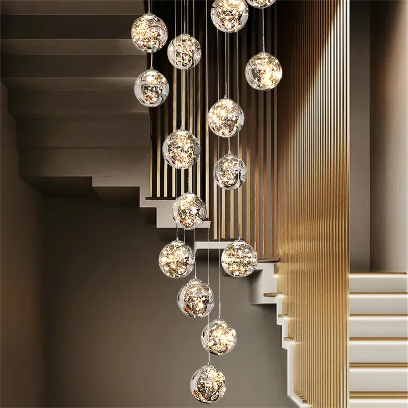 

Modern spiral staircase lighting chandelier long chandelier living room villa kitchen loft glass ball LED string chandelier