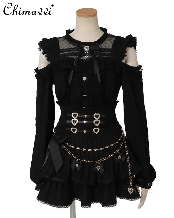 Liz Japanese Sweet Cute Shirt Spring Cute Girl Elegant Princess Mass-Produced Lolita Lace Patchwork Off-Shoulder Blouse Top