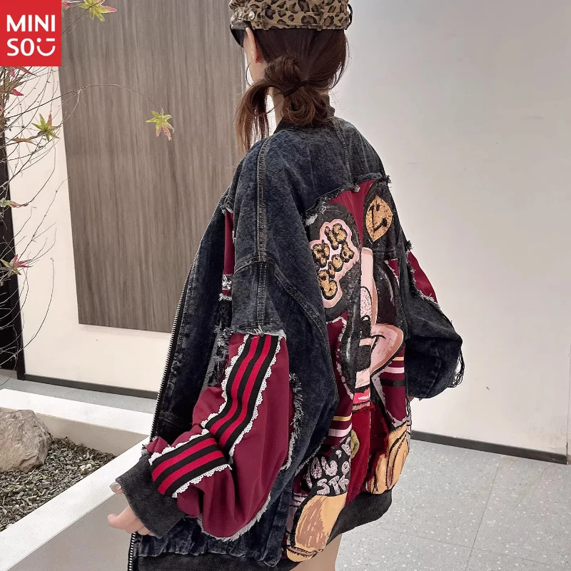 

Disney Women's New Autumn Patchwork Denim Jacket, Fashionable Age-Reducing Loose BF Lazy Style Hip-Hop Trendy Jacket