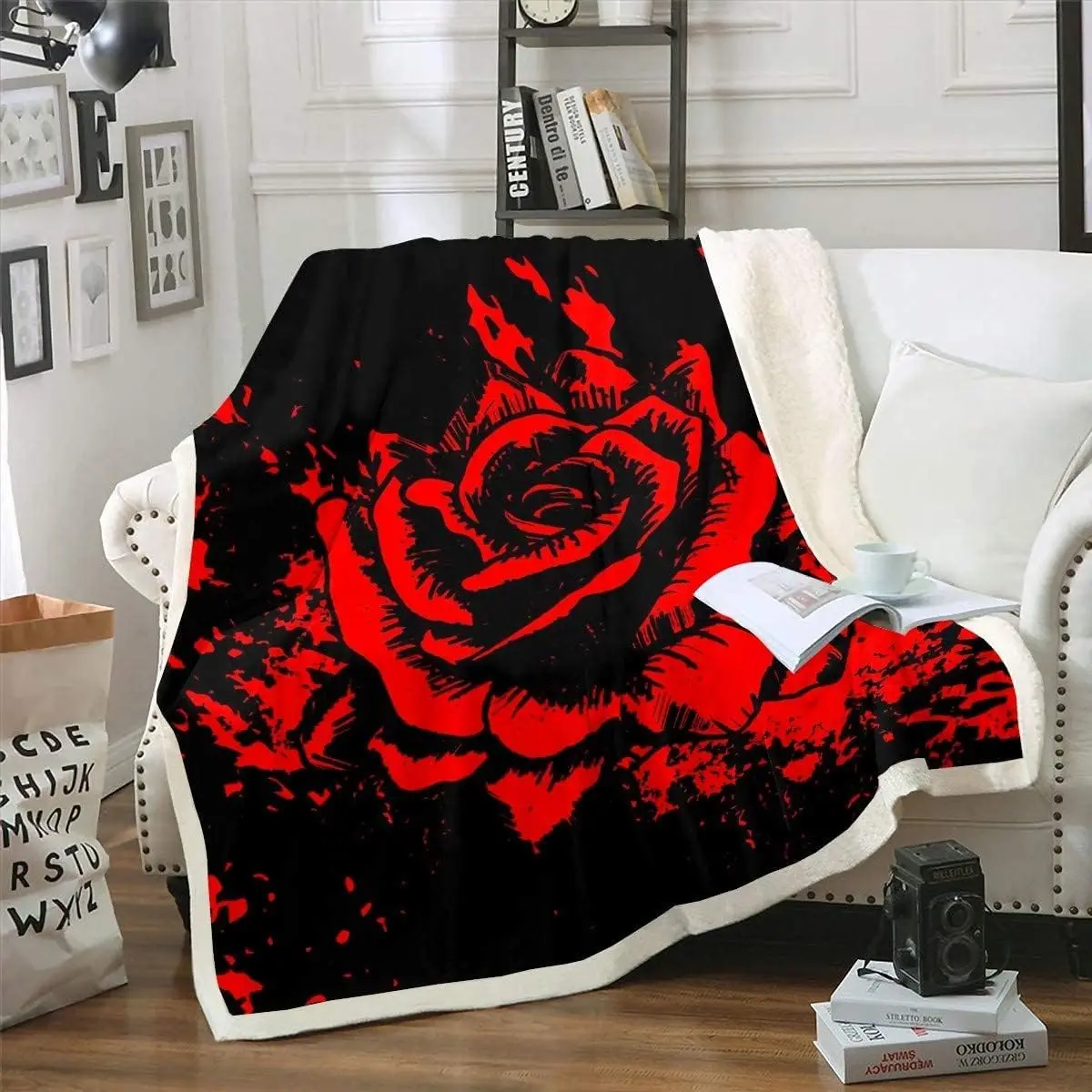 Red Rose Blanket Soft Fleece Throw Black Background Romantic Design Home Decor Gift for Her