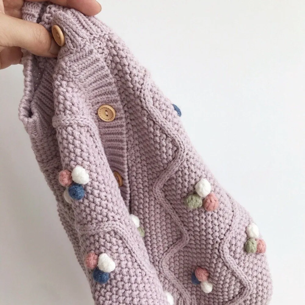Fashion Sweet Knitted Sweater Warm Candy Color Knitted Cardigan Pom Pom Design Outerwear Autumn