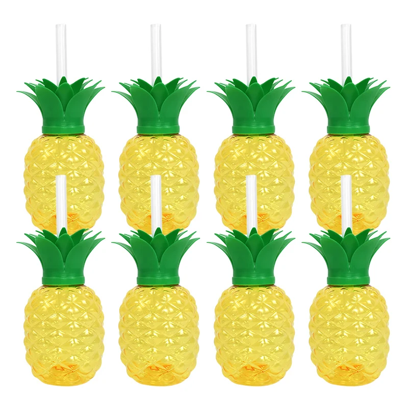 8Pcs Plastic Pineapple Cups with Straw Strawberry Drinking Cup Hawaiian Luau Party Decor Tropical Summer Beach Birthday Supplies
