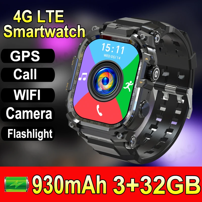 

4G LTE Smart Watch GPS Wifi 3GB+32GB Memory Strong LED Flashlight 2MP Camera 930mAh Men Multi-Sports Health Tracker Smartwatch