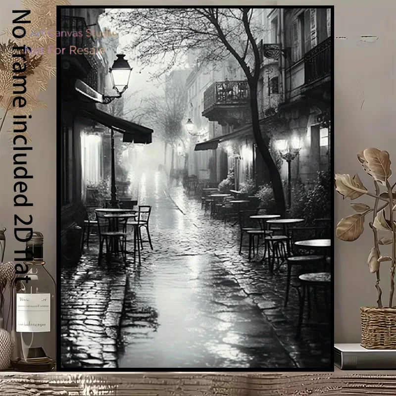 2D Flat, 2D Flat, [2D Flat] 1pc Decorative Canvas Painting Black And White Rainy Night Paris Street Scene Canvas, Tranquil Ca