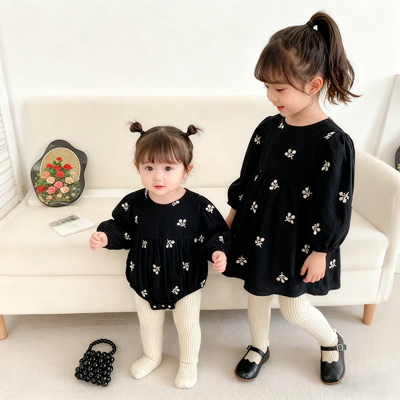 2026 New Spring 2-6Yrs Girl Party Cotton Embroidery Dress 0-24M Baby Girl Romper Long Sleeved Kids Princess Dresses Sister Dress
