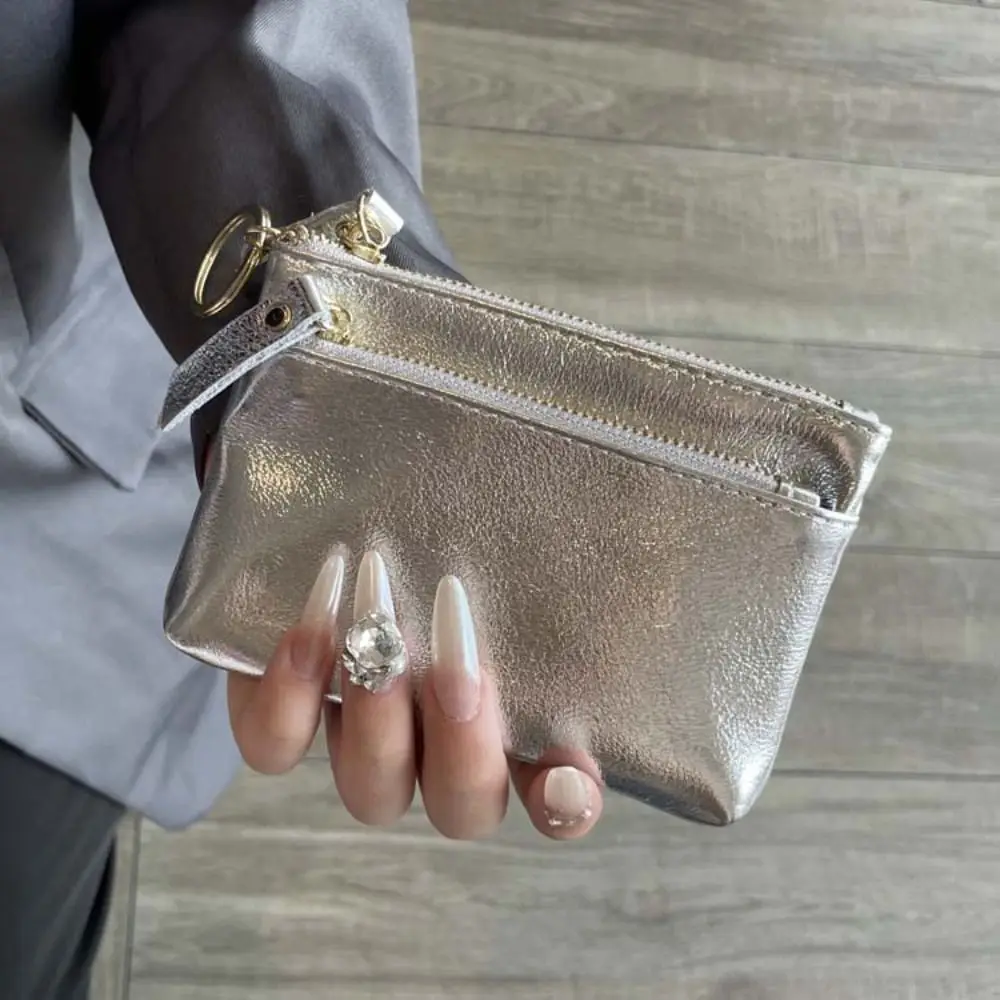 Fashion Design Genuine Leather Silver Wallet Korean Style Mini Zipper Coin Purse Earphone Pouch Solid Color Small Item Bag Men