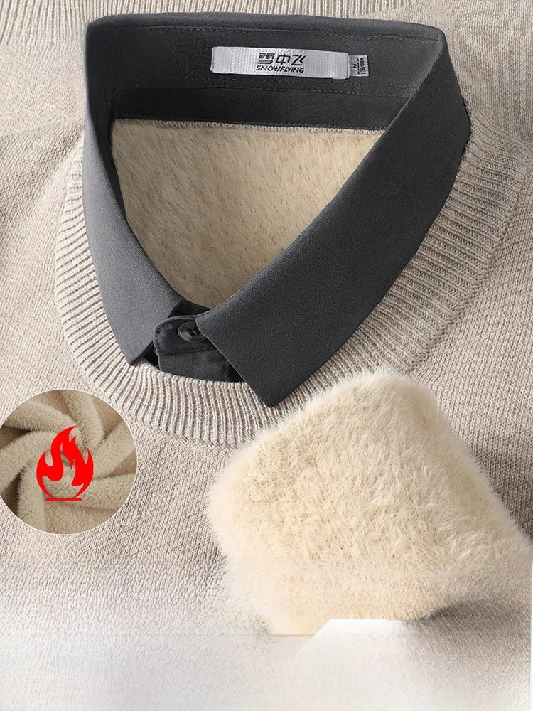 

Мужской зимний вязаный свитер Snow Flng с утолщенным воротником и вставками, модный, теплый, повседневный, из смесового полиэстера и нейлона