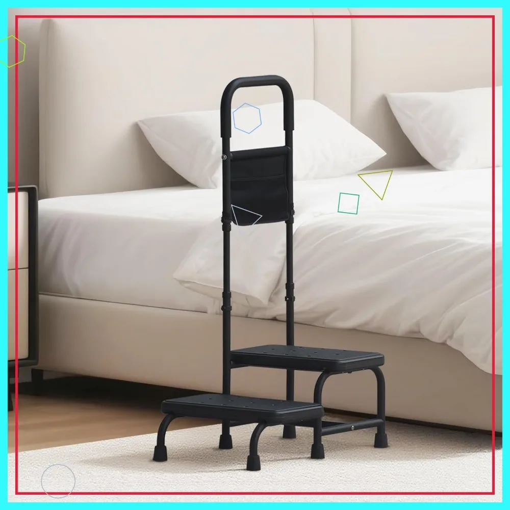 Adjustable Handrail Step Stool for Seniors, Portable Two-Step Footstool with Non-Slip Platform for Bed & Bathroom
