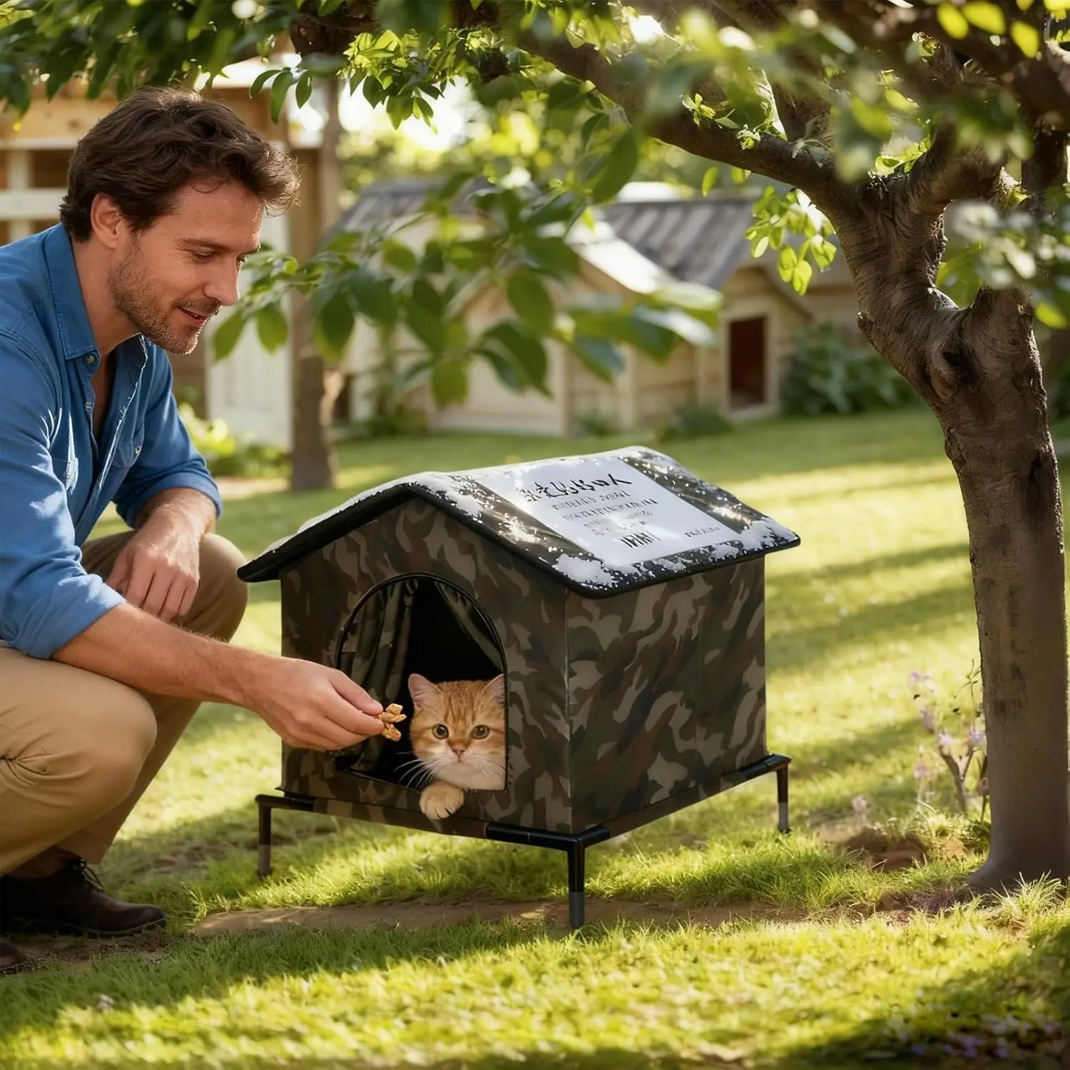 

Уличные домики для кошек с полкой, подушками и фольгированной изоляцией для летнего охлаждения, убежище для бездомных кошек, лежанка-пещера для котят и щенков