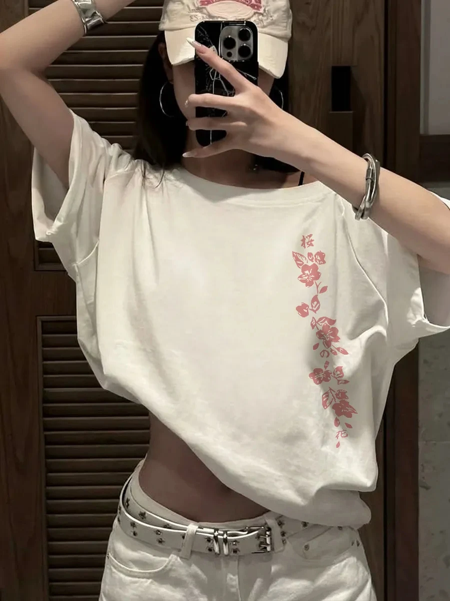 Beautiful Sakura Prints T-Shirts Cotton Womens Summer Short Sleeve Tees Soft Comfortable Oversized Tops Casual O-Neck Clothes