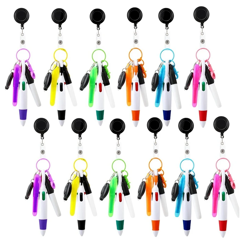 Top-72 Pcs Badge Reel Pen Retractable Shuttle-Pens Set With Mini Highlighter Permanent Marker Pen LED Flashlight