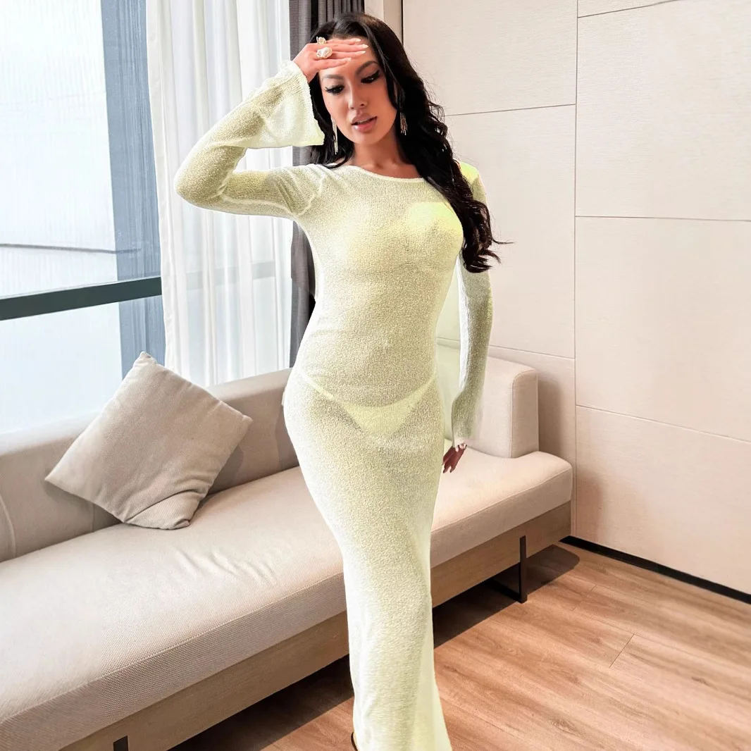 2025 New Beach Sunscreen Cover Up Long Sleeve Backless Slim Fit Dress Women Summer Solid Color Multi Size Options