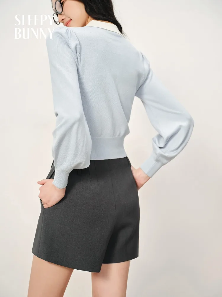Sweet Knit Pullover with Peter Pan Collar Early Autumn Lantern Sleeve Sweater Women Vintage Style Slim Fit Two-Piece Look Top