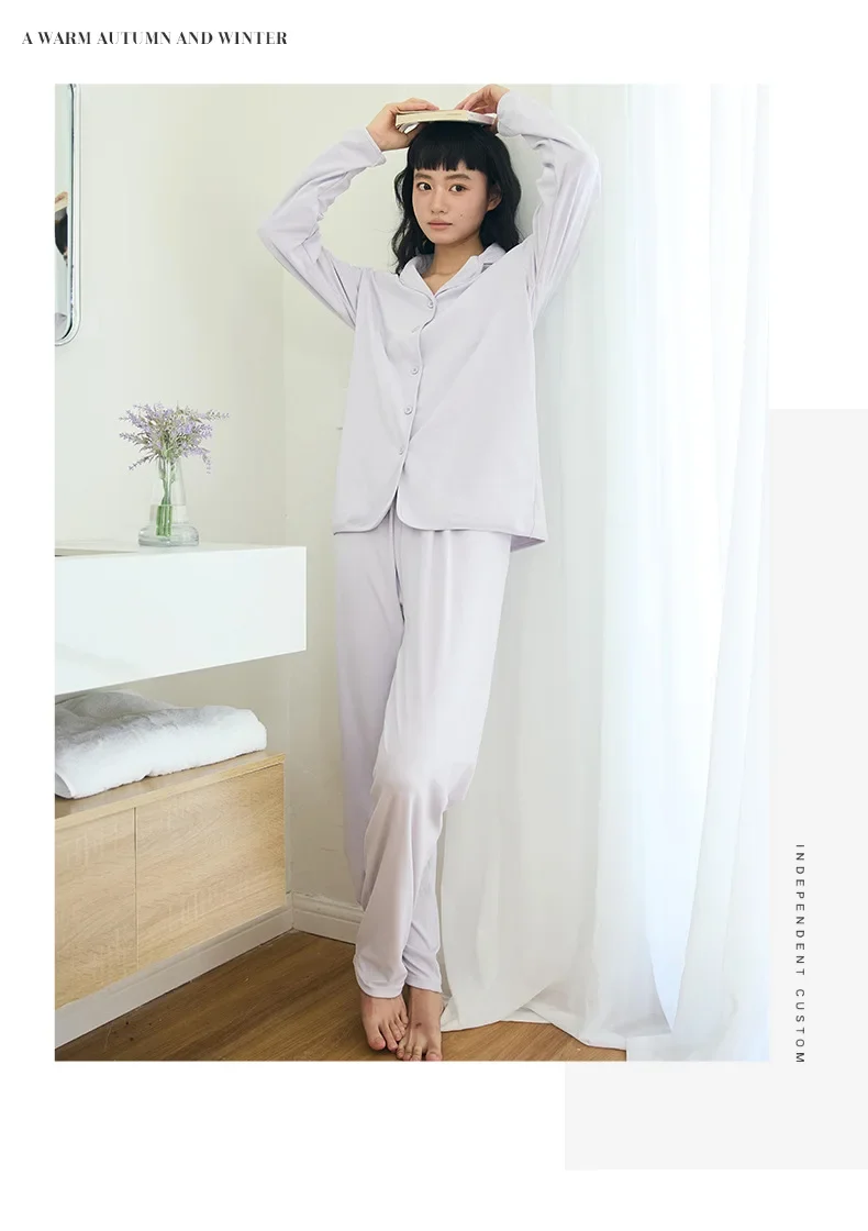 Women's Homewear Autumn Winter Solid Color Set Loose Button Turn-down Collar Sleeve Top Casual Long Pants Soft Outerwear Pajamas view 6