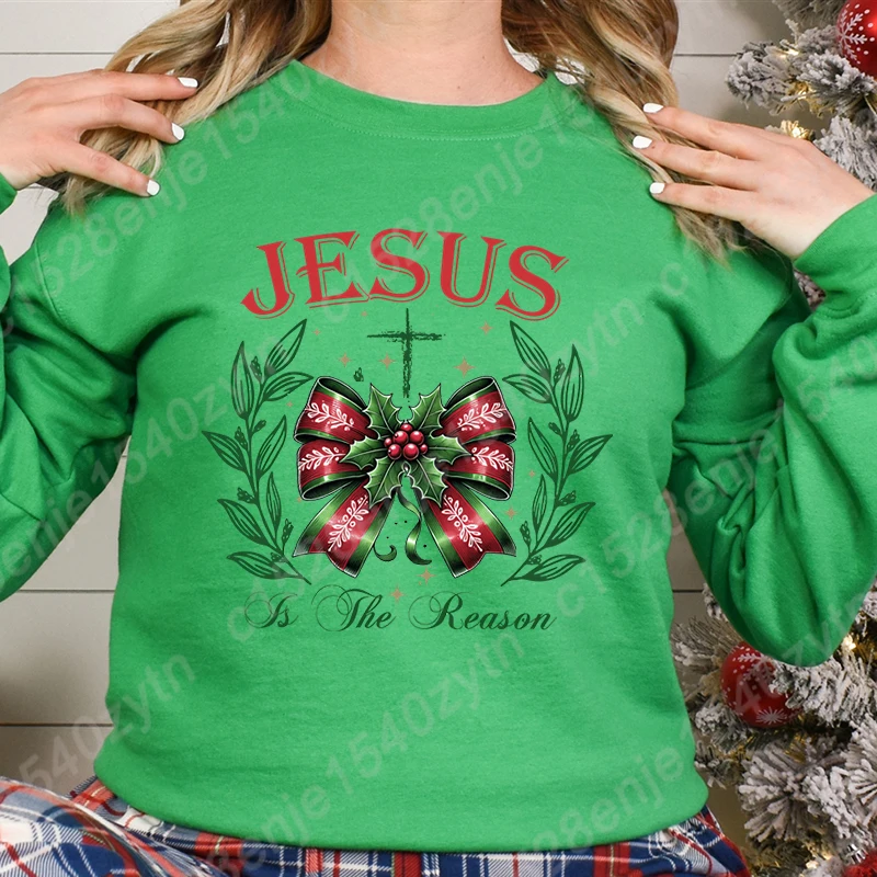 Christmas Bow Jesus Is The Reason Print Pullovers For Women Winter Autumn Casual O Neck Hoodless Sweatshirt Pure Color Pullovers