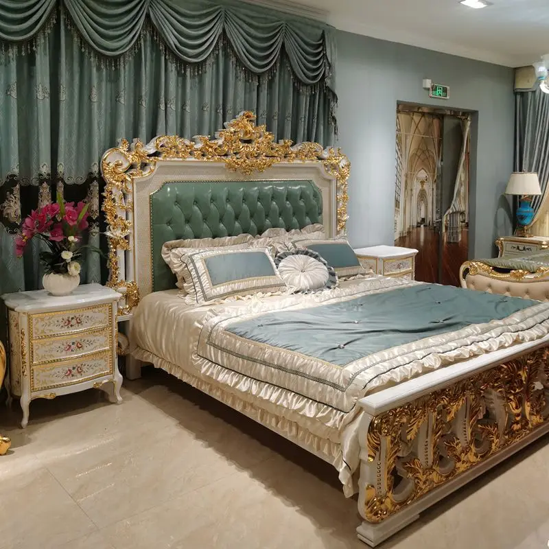 

*o #$French Luxury European Classical Royal Bed Set, Carved Solid Wood Genuine Leather Upholstery Queen King Single Double Bed#