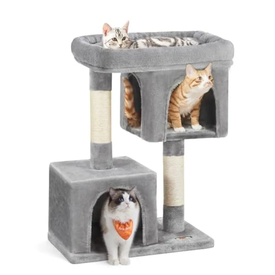 

33.1-Inch Light Gray Cat Tree with Plush Condo for Cats up to 16 lb Large Perch 2 Caves Scratching Post Ideal for Large Cats