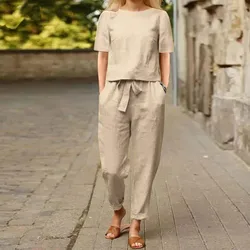 Women's Two Piece Summer Solid Color Casual Cotton And Linen Comfortable Short Sleeve Round Neck Loose Wide Leg Pants Suit