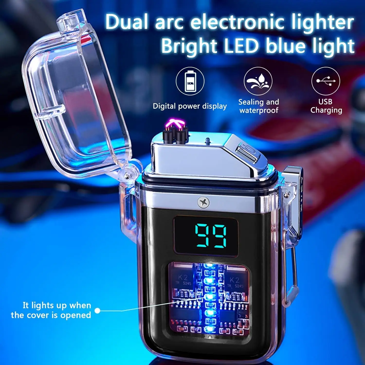 Waterproof And Windproof USB Rechargeable Dual Arc Plasma Pulse Lighter Flameless Battery Display Electric Lighter High-End Gift