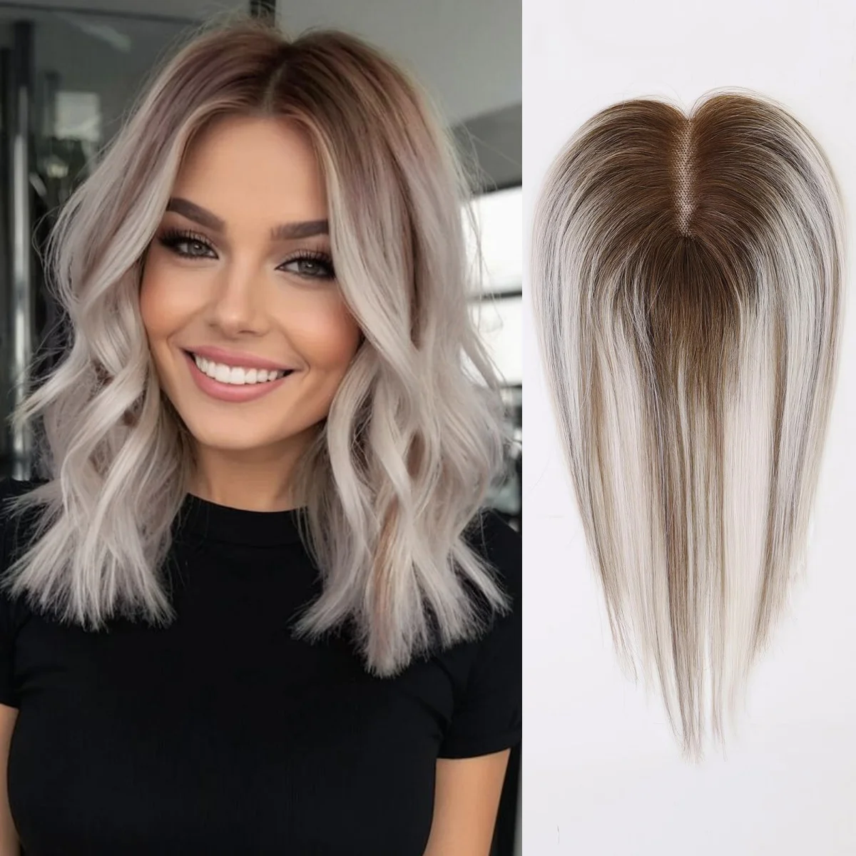 

Пепельно-серо-коричневый Ombre 12-дюймовый топпер из натуральных волос на кружевной основе 100 заколок для волос Remy в шиньоне для женщин, прямые наращивание волос