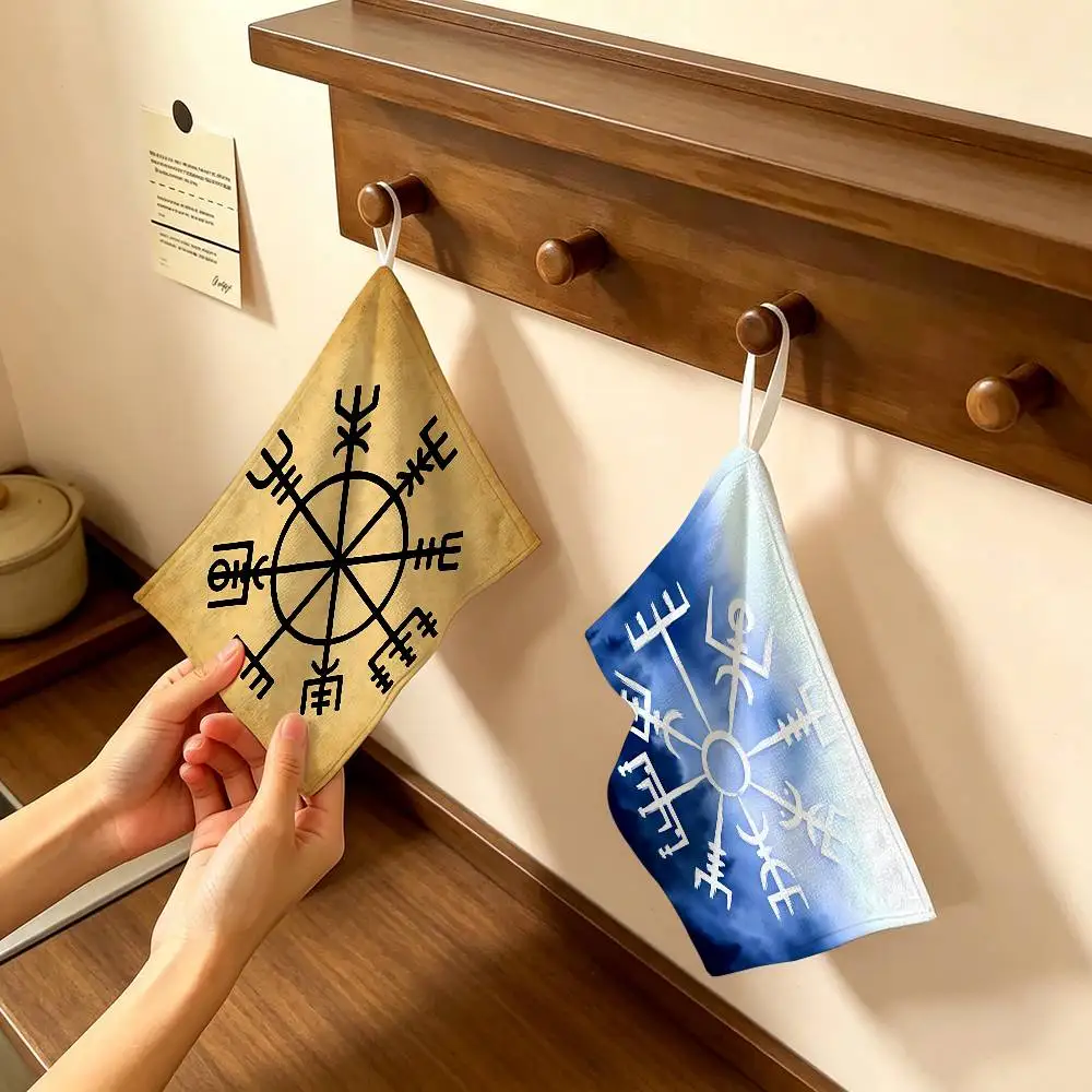 Viking Vegvisir Logo Thickened Polyester Cotton Hanging Towel, High Absorbent Hand Wiping Towel for Indoor Use