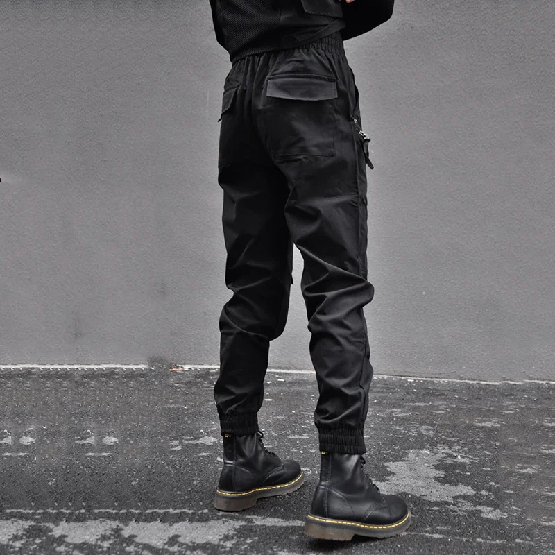 MWJLPWQ Functional Drawstring Zipper Cargo Pants Men Loose High Street Large Pockets Darkwear Casual Autumn Biker Trousers 16611