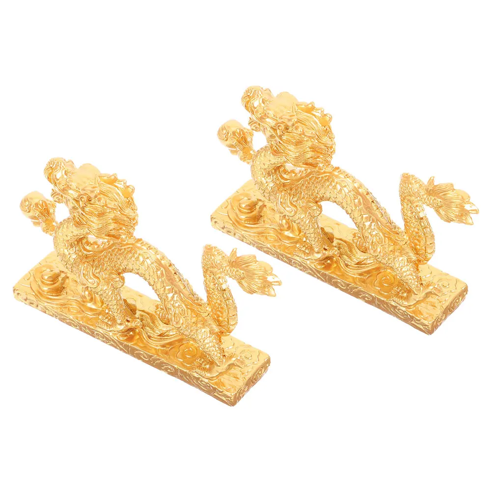 

2 Pcs Gold Dragon Statues Decor Resin Figurines Small Desktop Adornment Chinese Animal naments