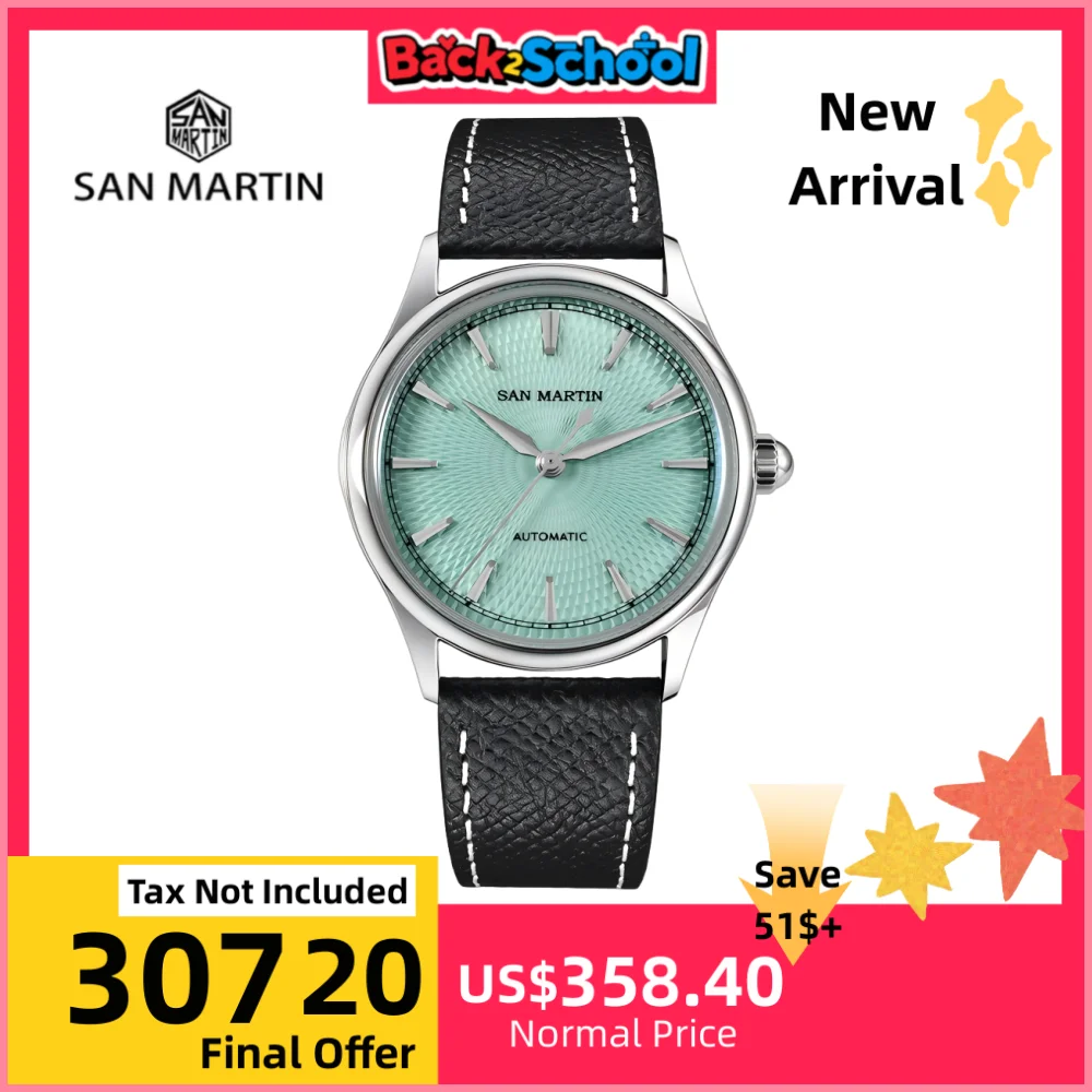 

San Martin 37mm Seagull ST1812 Self Winding Enamel Oil Pressured Dial Watch For Men Dress Sapphire Glass Case Back SN0100A-1