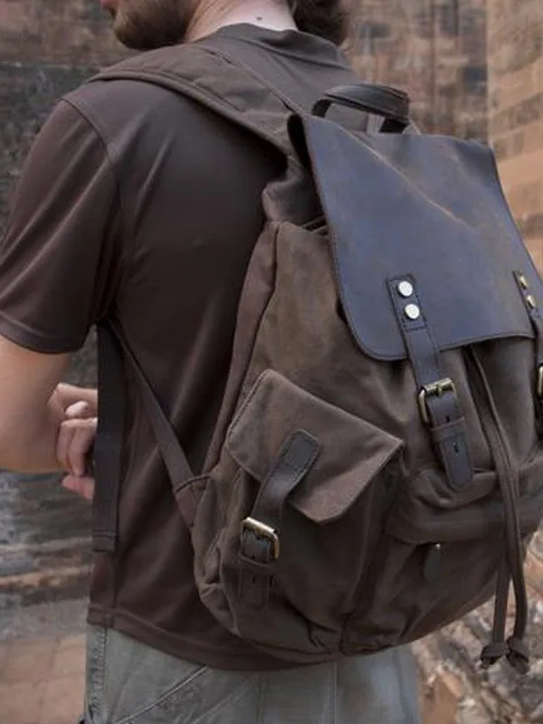 Retro Travel Men's Backpack Oil Wax Canvas Double Shoulder Bag Computer Bag Youth Vertical Square Bag Lightweight Waterproof