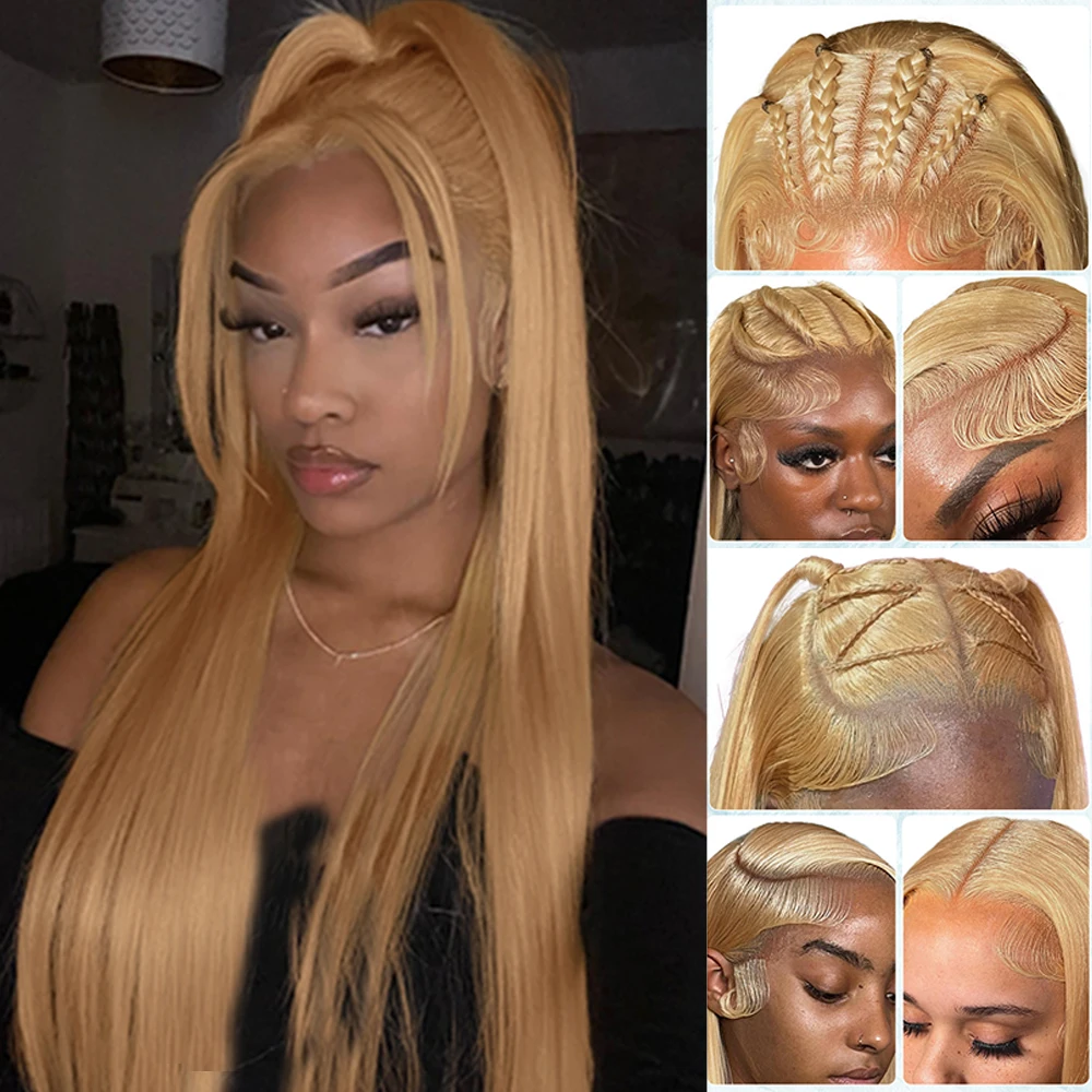 شعر مستعار بشري مفرود أشقر عسلي # 27 لون مستقيم الدانتيل الجبهة الباروكات 200% الكثافة 13x6 HD الدانتيل الجبهة شعر مستعار مستقيم الشعر البشري