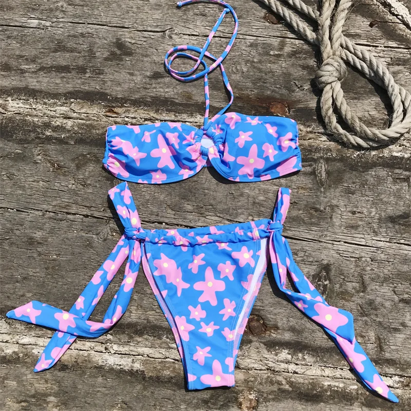 

Sexy String Bikini 2025 Flower Bandeau Swimsuit Female Swimwear Women Thong Bikinis Set Bather Swimming Beachwear Bathing Suit