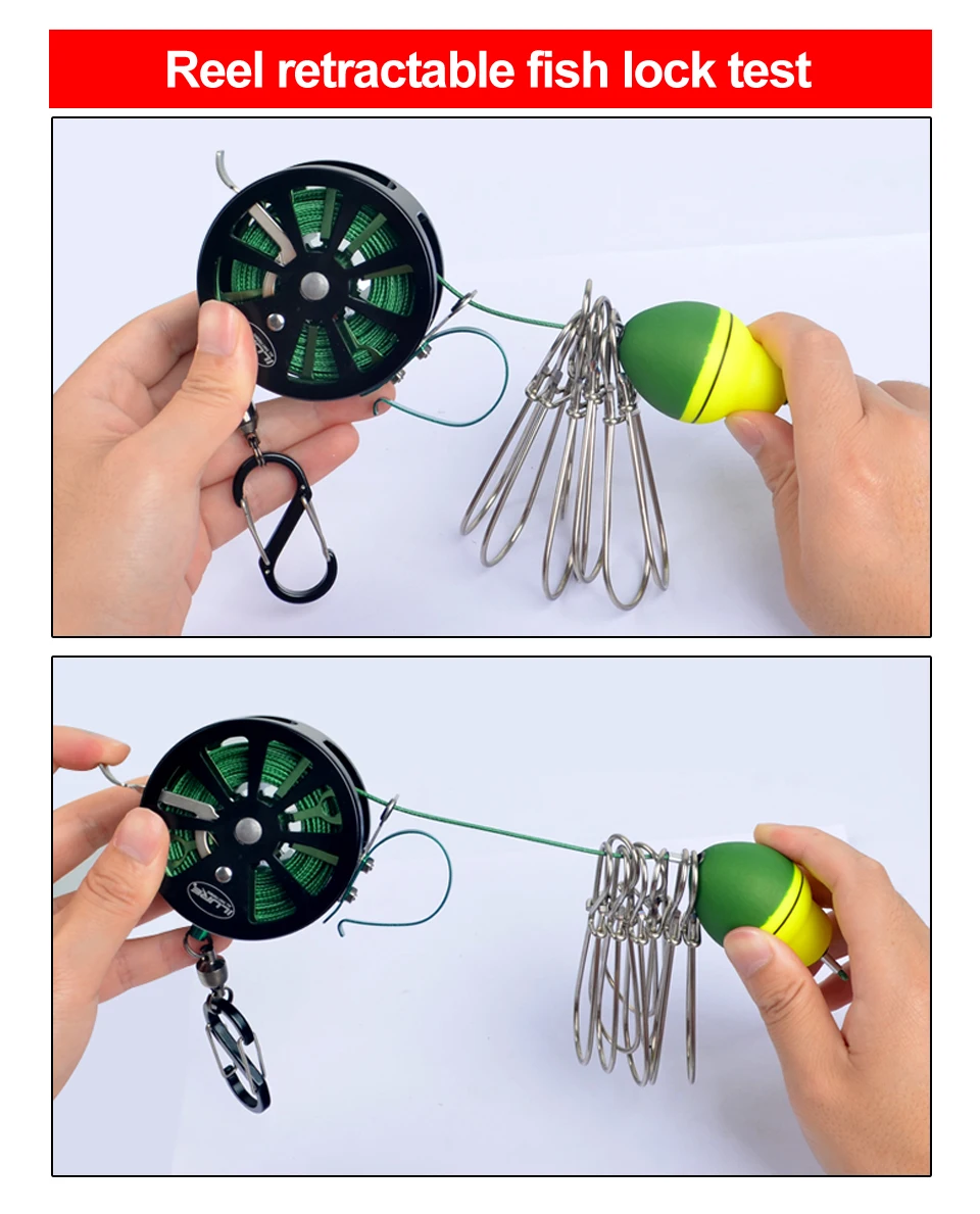 Neuer tragbarer Fischverschluss mit Rollenflosse – Lebendfisch-Stringer-Verschluss aus Edelstahl mit 8 Karabinern für das Meeresangeln – Detail 5
