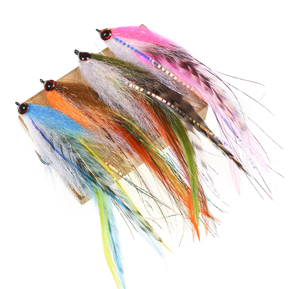

1pc/4pcs #2/0 Grizzly Saddle Hackle Streamer Fly 3D Fish Eye Silky Fiber Barbed Fish Hook Big Fish Trout Muskie Fishing Lures