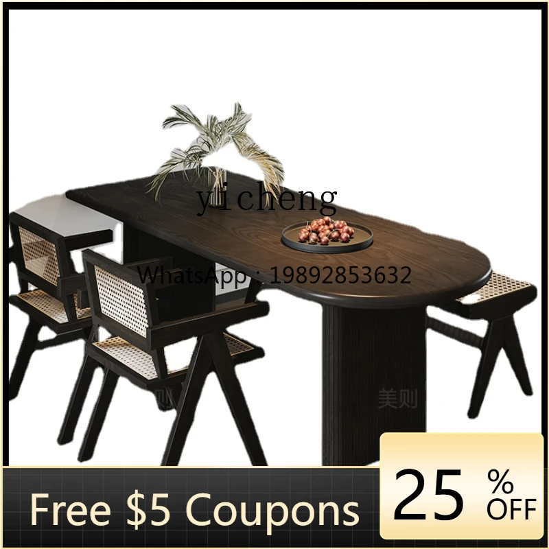 

ZZk Black Solid Wood Half Ellipse Dining Table Island Table One Wall Log Retro Dining Table